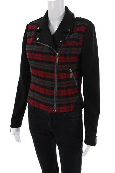 Patrizia Luca Womens Zippered Pocket Detail Plaid Panel Jacket Black Size S