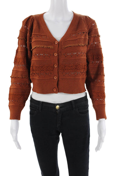 Allison Womens Lace Knitted Balloon Sleeve Cropped Cardigan Brown Size XS