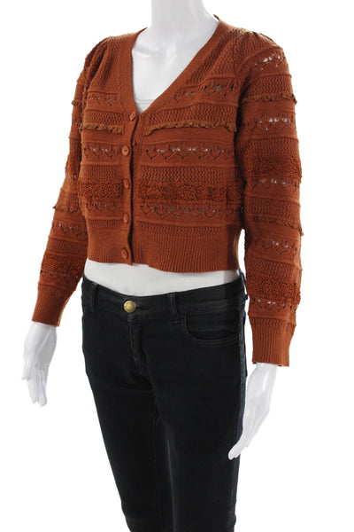 Allison Womens Lace Knitted Balloon Sleeve Cropped Cardigan Brown Size XS