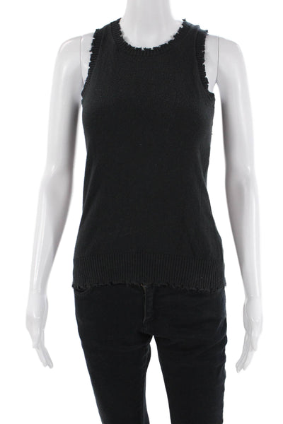 Minnie Rose Womens Cotton Distressed Detail Crew Neck Top Solid Black Size XS