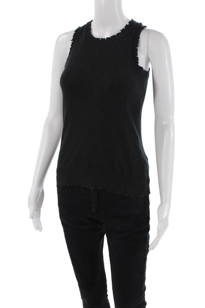 Minnie Rose Womens Cotton Distressed Detail Crew Neck Top Solid Black Size XS
