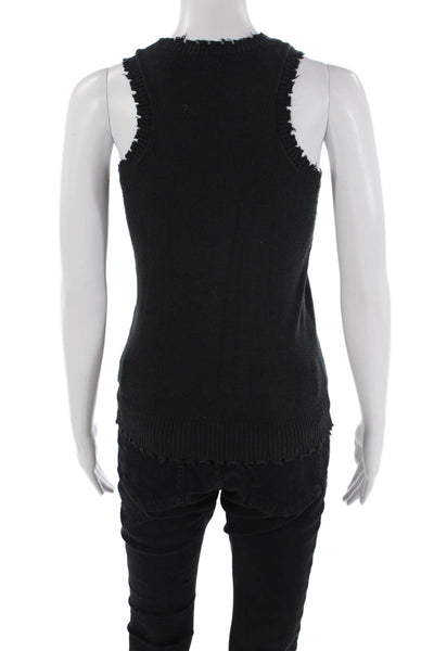 Minnie Rose Womens Cotton Distressed Detail Crew Neck Top Solid Black Size XS