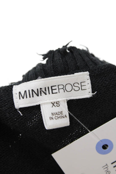 Minnie Rose Womens Cotton Distressed Detail Crew Neck Top Solid Black Size XS