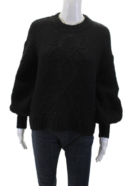 Toccin Womens Crew Neck Knitted Balloon Sleeve Cable Knit Sweater Black Size XS