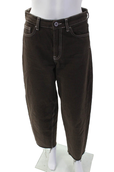 Zara Womens Zipper Fly High Rise Straight Fringe Jeans Brown Denim Size 2