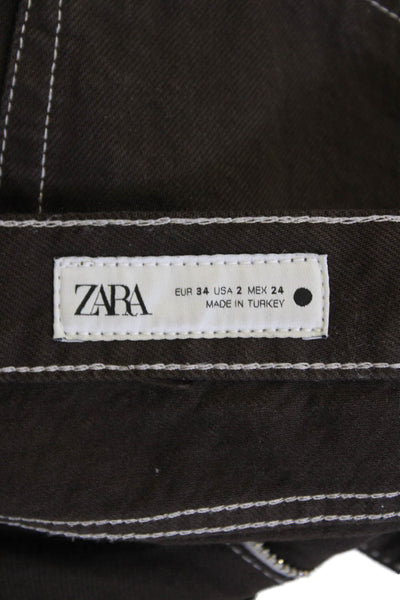 Zara Womens Zipper Fly High Rise Straight Fringe Jeans Brown Denim Size 2