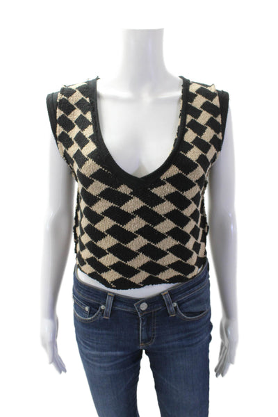 Free People Womens Sleeveless V Neck Knit Argyle Top Black Brown Size Small