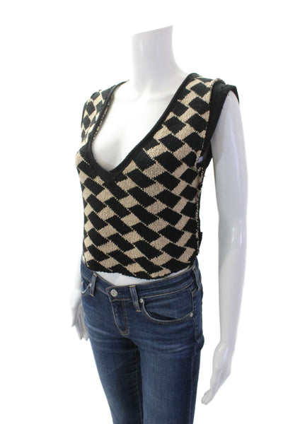 Free People Womens Sleeveless V Neck Knit Argyle Top Black Brown Size Small