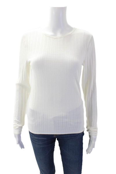 J Crew Womens Long Sleeve Crew Neck Ribbed Shirt White Cotton Size Medium
