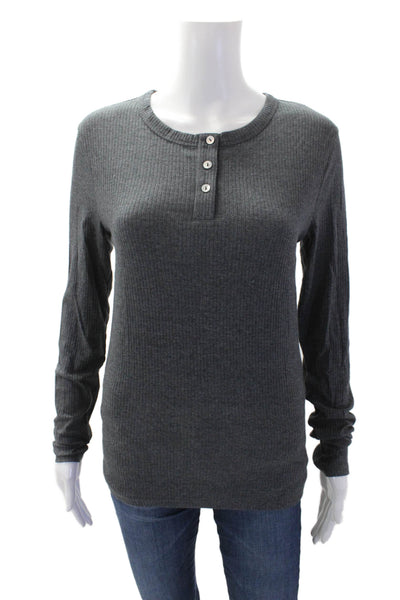 Zara Womens Ribbed Knit Henley Neck Long Sleeve Top Dark Gray Size L