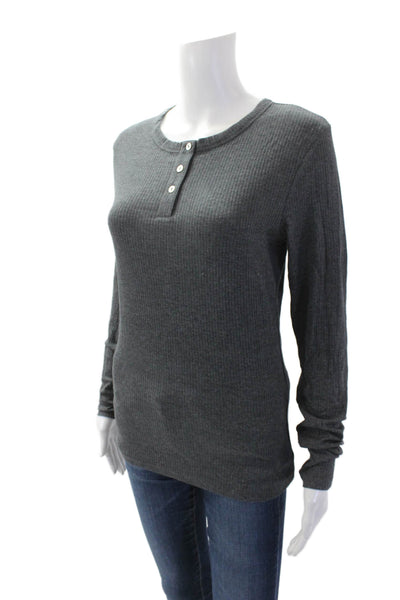Zara Womens Ribbed Knit Henley Neck Long Sleeve Top Dark Gray Size L