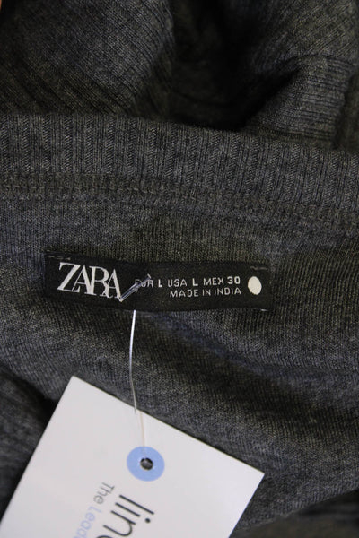 Zara Womens Ribbed Knit Henley Neck Long Sleeve Top Dark Gray Size L