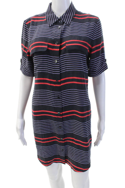 Equipment Femme Womens Silk Striped Short Sleeve Shirt Dress Navy Size S