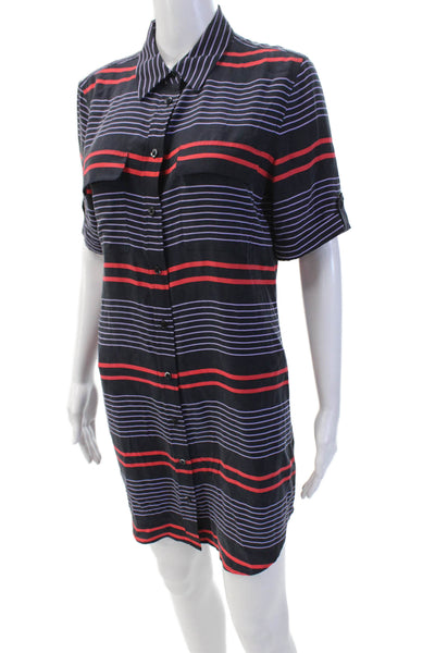Equipment Femme Womens Silk Striped Short Sleeve Shirt Dress Navy Size S