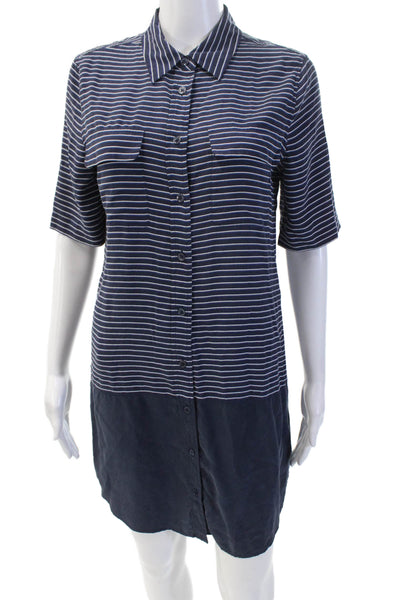 Equipment Femme Womens Silk Striped Short Sleeve Button Up Dress Navy Size S
