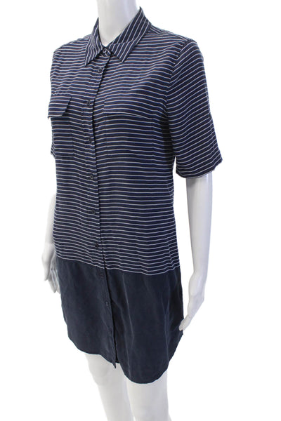 Equipment Femme Womens Silk Striped Short Sleeve Button Up Dress Navy Size S