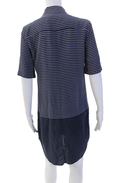 Equipment Femme Womens Silk Striped Short Sleeve Button Up Dress Navy Size S