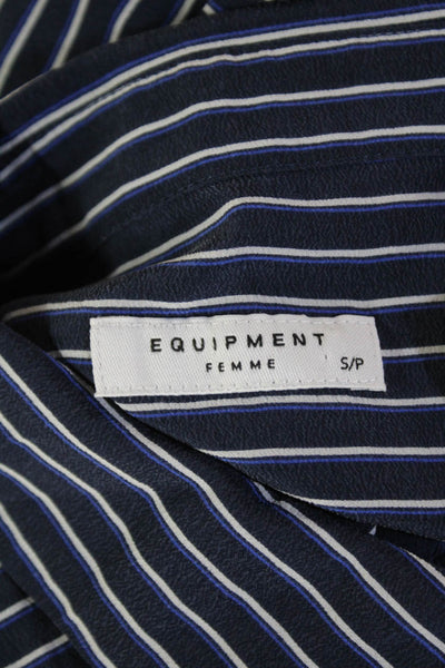 Equipment Femme Womens Silk Striped Short Sleeve Button Up Dress Navy Size S