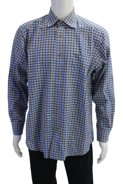 David Donahue Mens Cotton Gingham Long Sleeve Dress Shirt Blue Size M