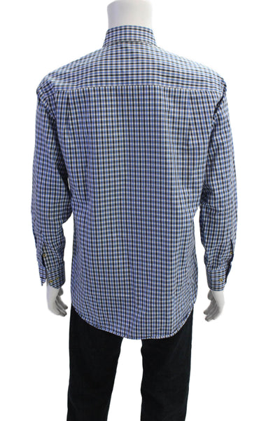 David Donahue Mens Cotton Gingham Long Sleeve Dress Shirt Blue Size M