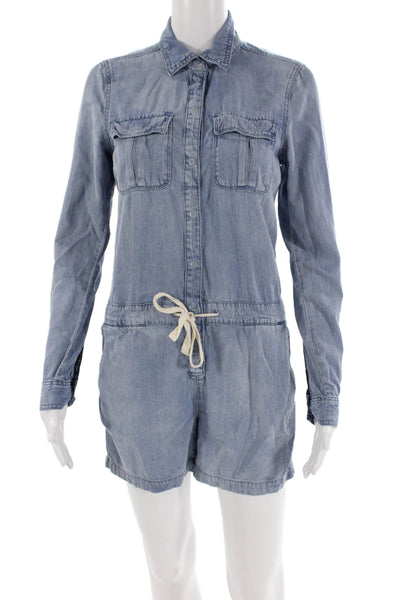 BLANKNYC Womens Denim Look Button Up Long Sleeve Romper Blue Size XS