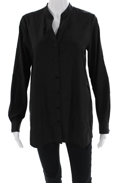 Eileen Fisher Womens Solid V-Neck Long Sleeve Button Up Blouse Top Black Size XS
