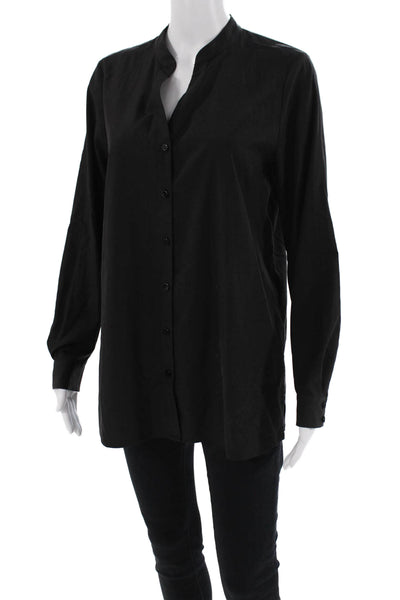 Eileen Fisher Womens Solid V-Neck Long Sleeve Button Up Blouse Top Black Size XS