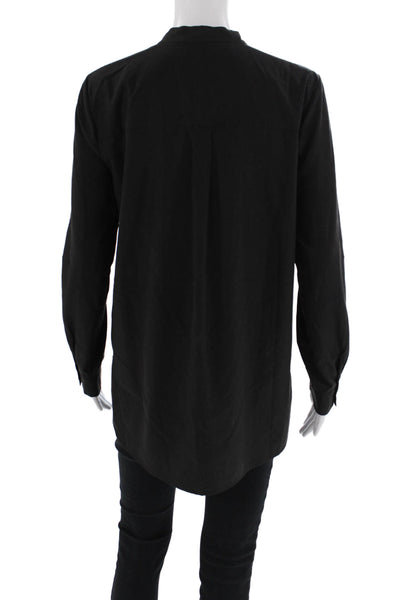 Eileen Fisher Womens Solid V-Neck Long Sleeve Button Up Blouse Top Black Size XS