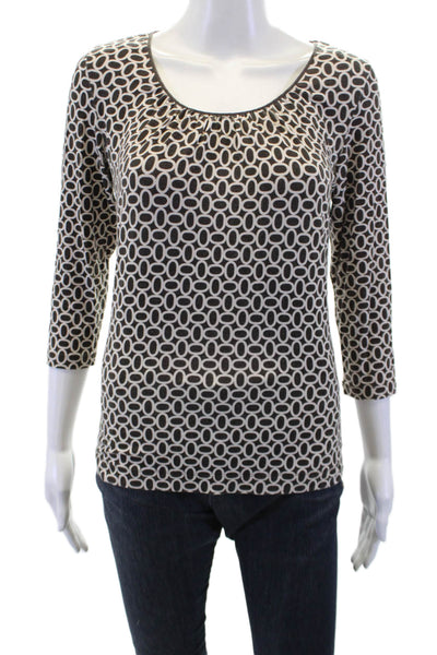 Laurel Womens Geometric Print Quarter Sleeve Round Neck Shirt Brown Size 36