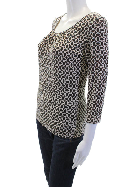 Laurel Womens Geometric Print Quarter Sleeve Round Neck Shirt Brown Size 36