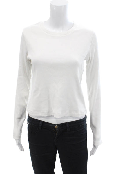 Amo Womens Cotton Ribbed Long Sleeve T-Shirt Top White Size L