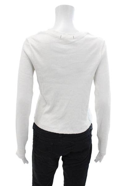 Amo Womens Cotton Ribbed Long Sleeve T-Shirt Top White Size L