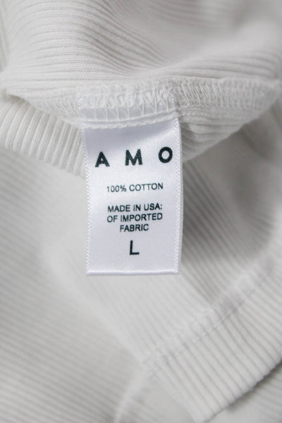 Amo Womens Cotton Ribbed Long Sleeve T-Shirt Top White Size L
