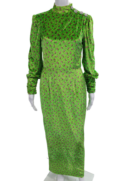 Alessandra Rich Womens Short Sleeve Mock Neck Velvet Floral Dress Green IT 42