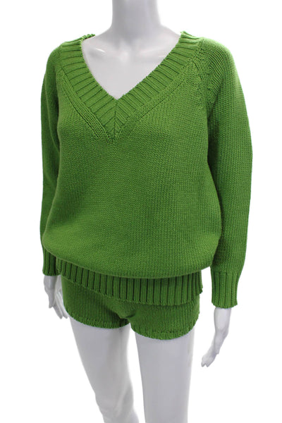 Celine Womens V Neck Cashmere Knit Sweater Shorts Set Green Size Small