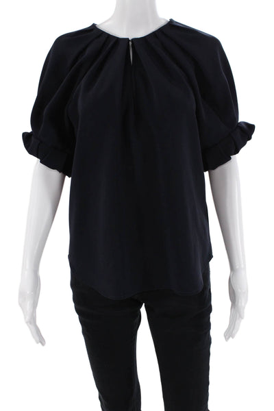 A.L.C. Womens Crew Neck Pleated Puff Sleeve Blouse Top Navy Blue Size 4