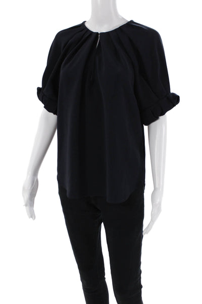 A.L.C. Womens Crew Neck Pleated Puff Sleeve Blouse Top Navy Blue Size 4