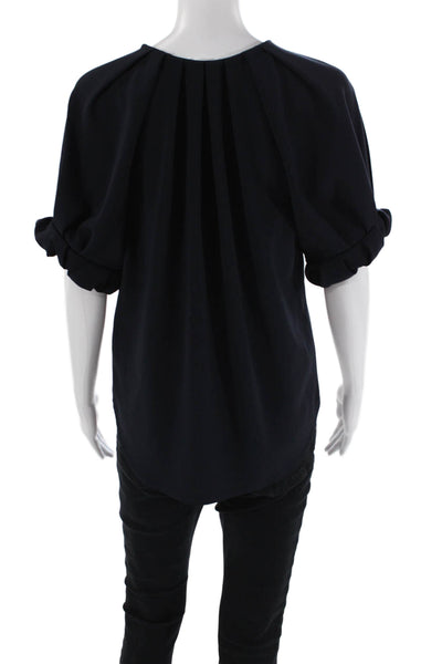 A.L.C. Womens Crew Neck Pleated Puff Sleeve Blouse Top Navy Blue Size 4