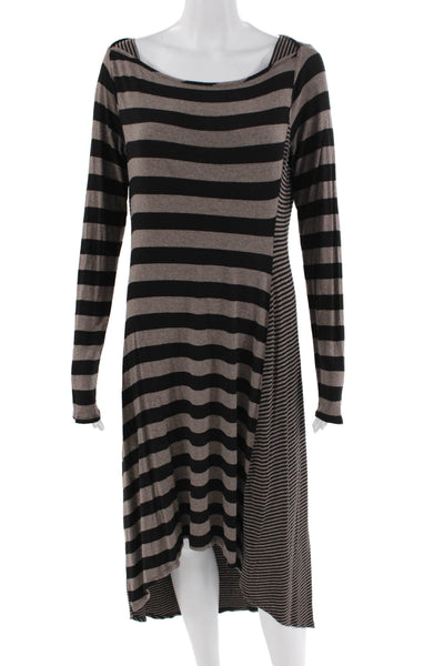 Ella Moss Womens Long Sleeve Scoop Neck Striped Shirt Dress Brown Black Large
