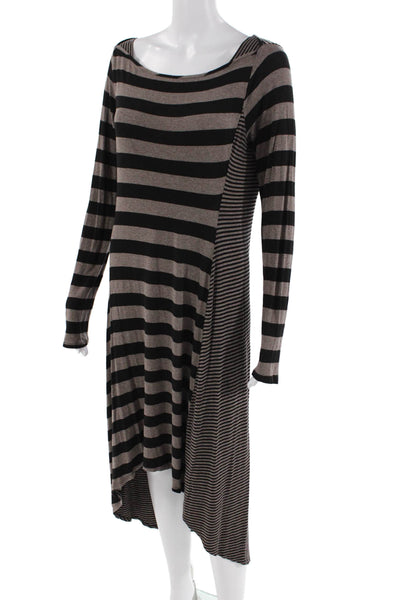Ella Moss Womens Long Sleeve Scoop Neck Striped Shirt Dress Brown Black Large