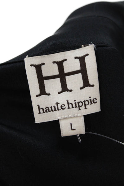 Haute Hippie Womens Short Sleeve Collared V Neck Silk Mini Dress Black Large