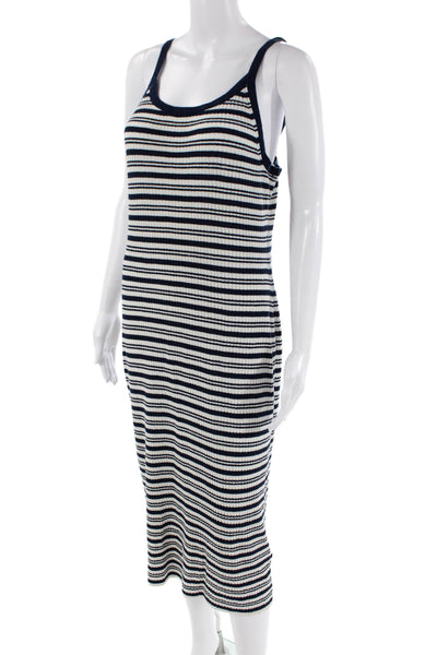James Perse Womens Sleeveless Scoop Neck Ribbed Striped Dress White Navy Size 3