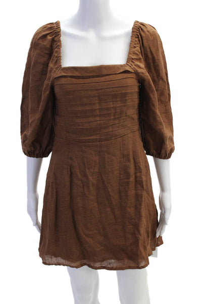 Faithfull The Brand Womens Linen Short Puffy Sleeves A Line Dress Brown Size 4