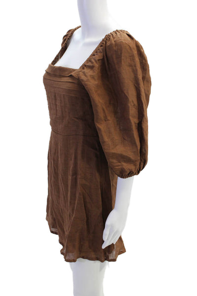 Faithfull The Brand Womens Linen Short Puffy Sleeves A Line Dress Brown Size 4
