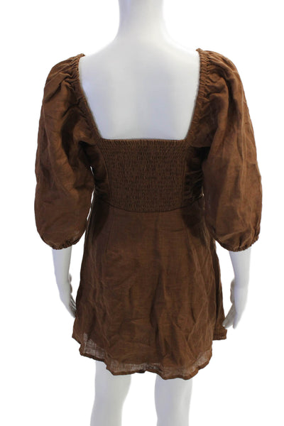 Faithfull The Brand Womens Linen Short Puffy Sleeves A Line Dress Brown Size 4