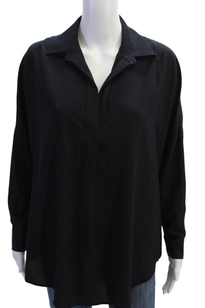 French Connection Womens Long Sleeves Button Down Blouse Navy Blue Size Small
