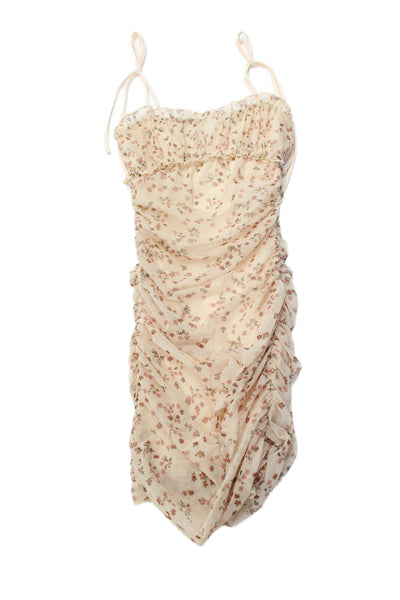 Katie J Girls Floral Print Rouched Detail Sheer Layer Floral Dress Beige Size XL