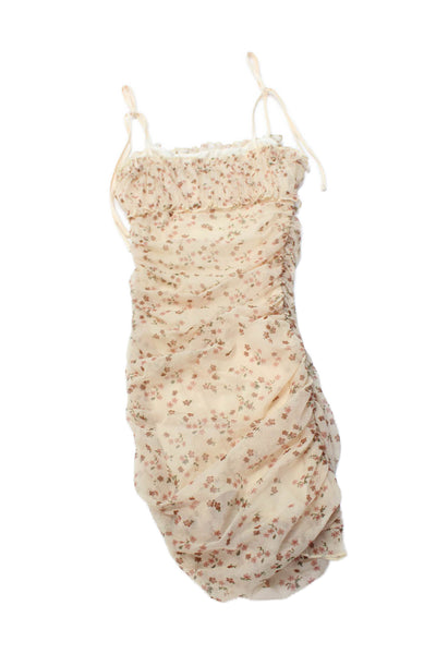 Katie J Girls Floral Print Rouched Detail Sheer Layer Floral Dress Beige Size XL