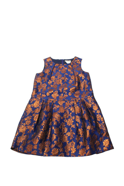 Crewcuts Girls Sleeveless Floral Brocade Pleated Detail Dress Dark Blue Size 6