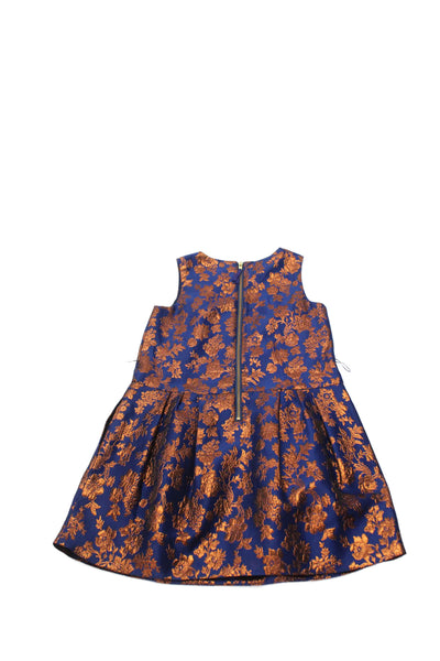 Crewcuts Girls Sleeveless Floral Brocade Pleated Detail Dress Dark Blue Size 6